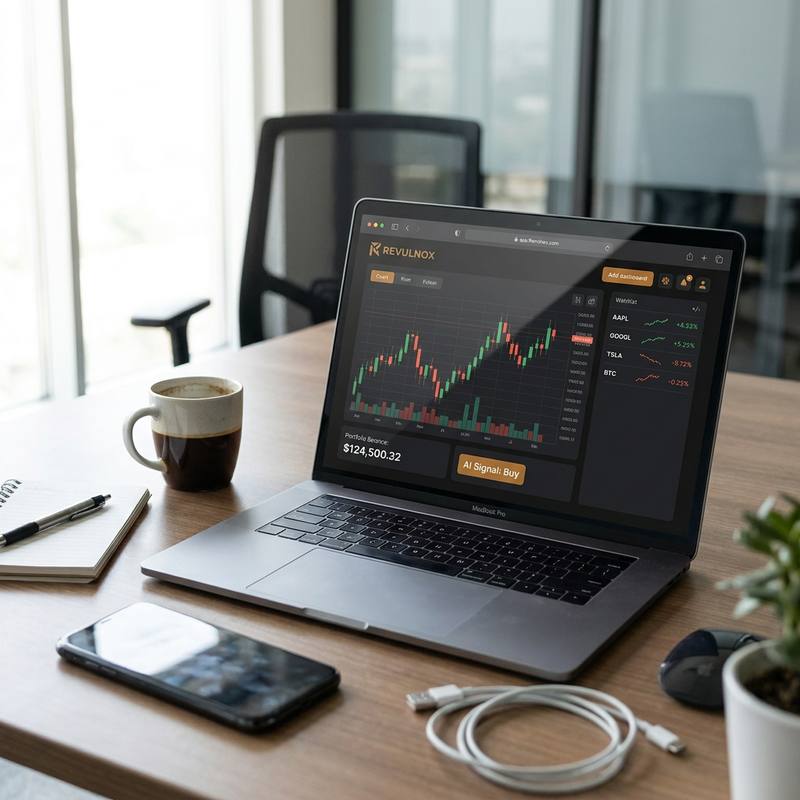 The Revulnox dashboard on a laptop showing a candlestick chart, portfolio balance, an AI buy signal and a market watchlist beside a cup of coffee