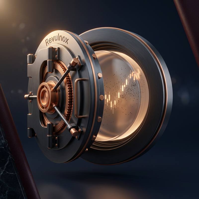 A heavy copper-trimmed vault door engraved with the Revulnox name, opening onto a glowing rising candlestick chart
