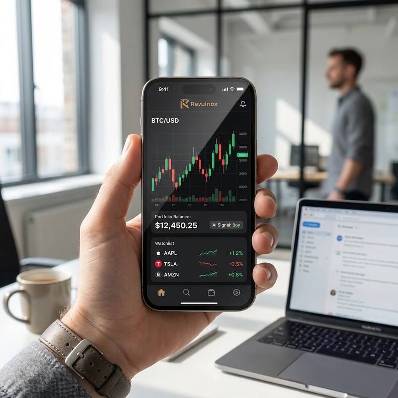A hand holding a smartphone running the Revulnox app with a BTC/USD candlestick chart, portfolio balance, AI buy signal and watchlist in a bright office
