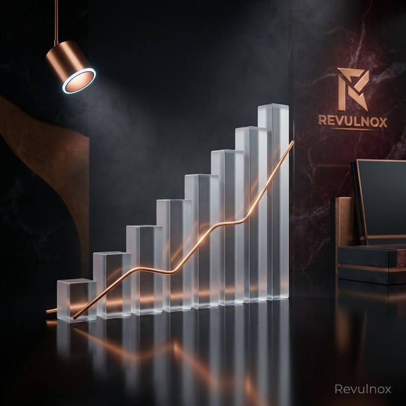 Frosted glass bars rising in steps with a copper line tracing their growth, lit by a copper spotlight beside a marble wall carrying the Revulnox logo