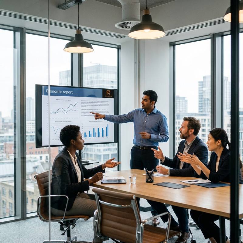 The Revulnox team in a London meeting room with city views, discussing an economic report shown on a wall screen